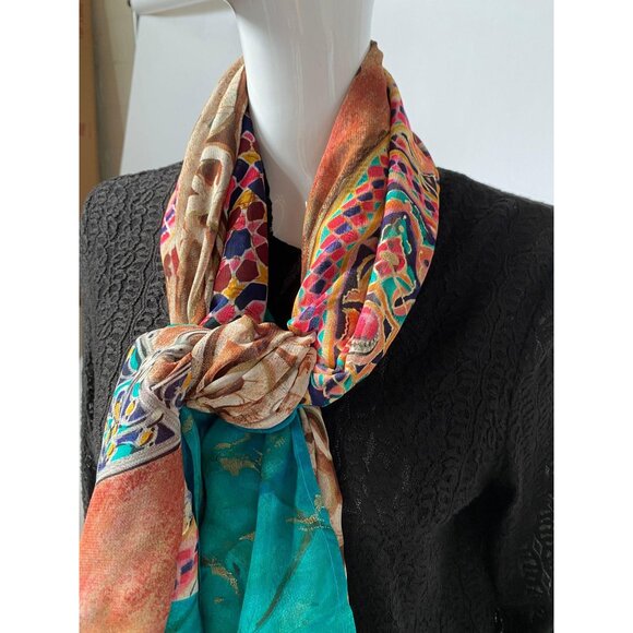 King Tut Exhibit  Silk Blend Scarf With Intricate Jewel-Inspired Motif & Turquoi - Picture 7 of 16